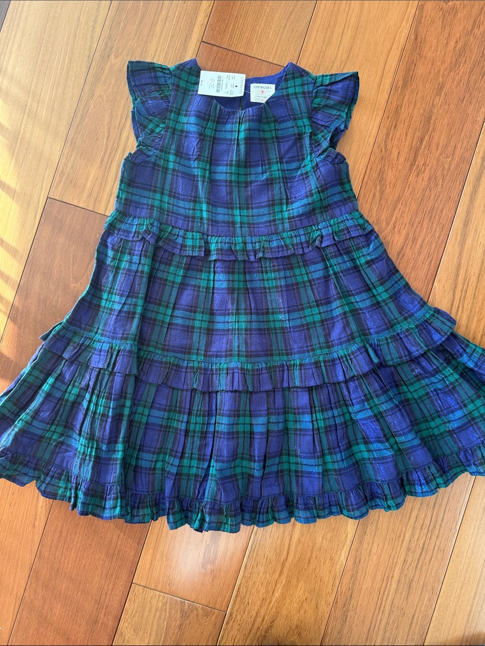 Crewcuts Girls Shimmer Plaid Blue & Green Tiered Ruffle Dress